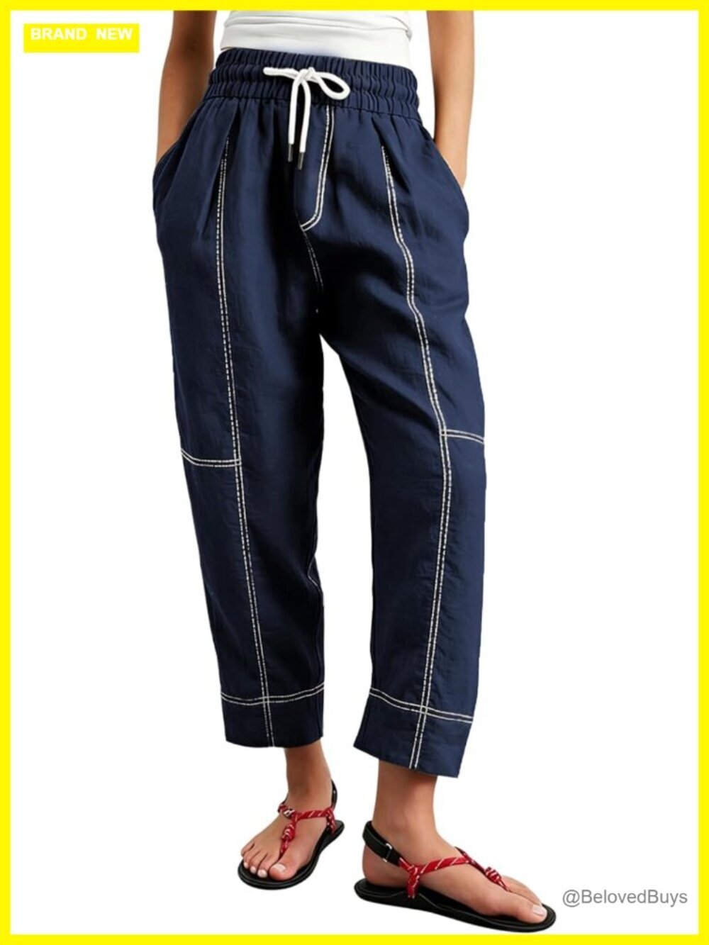 Linen Blend Wide Leg Pants Drawstring Elastic Waist Baggy Cropped with Pockets